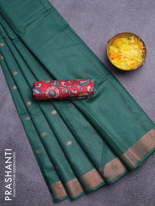 Semi tussar saree green and red with allover copper zari woven buttas and copper zari woven border & kalamkari printed blouse