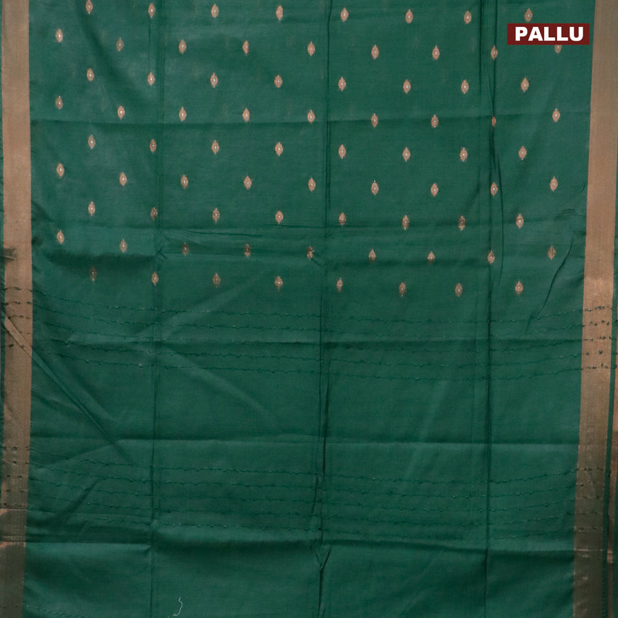 Semi tussar saree green and red with allover copper zari woven buttas and copper zari woven border & kalamkari printed blouse