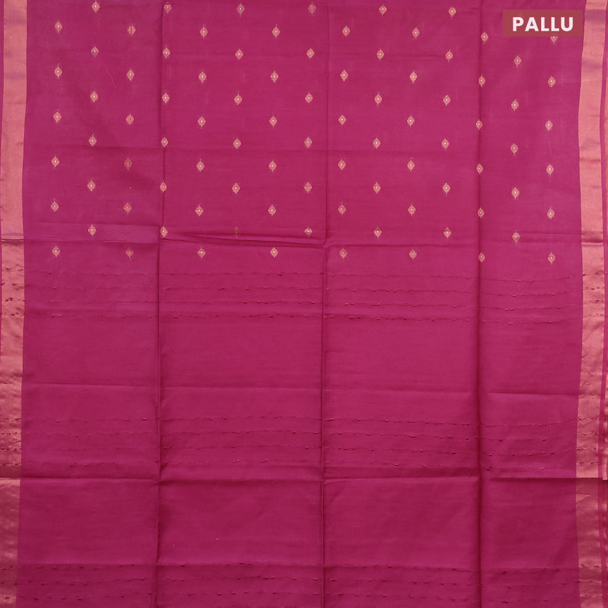 Semi tussar saree purple and cs blue with allover copper zari woven buttas and copper zari woven border & kalamkari printed blouse
