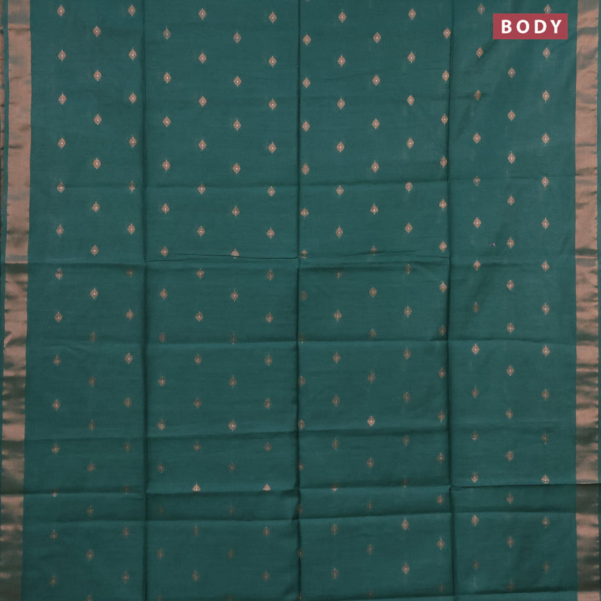 Semi tussar saree green and pink shade with allover copper zari woven buttas and copper zari woven border & kalamkari printed blouse