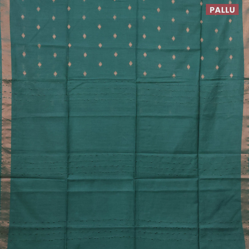 Semi tussar saree green and pink shade with allover copper zari woven buttas and copper zari woven border & kalamkari printed blouse