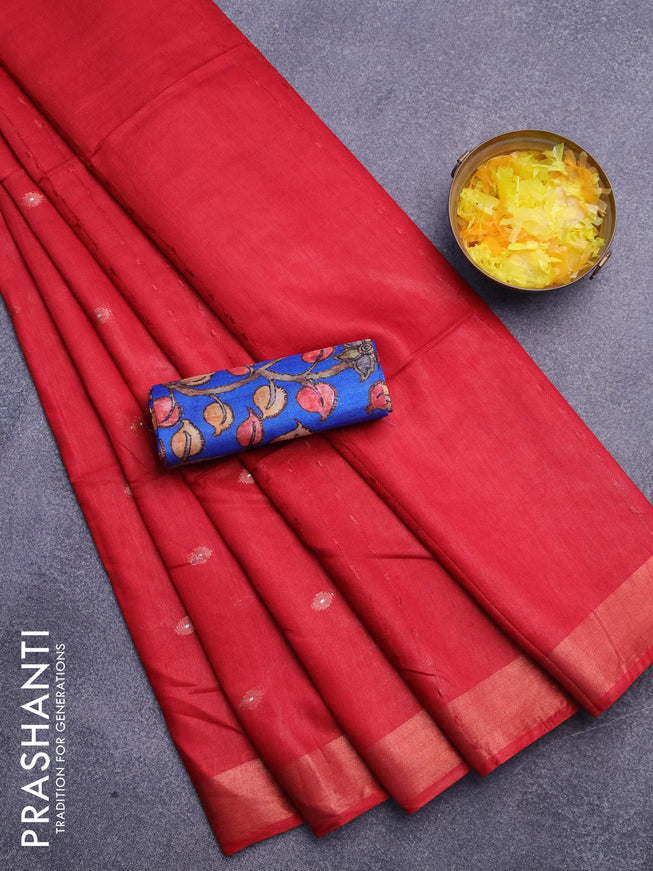 Semi tussar saree red and royal blue with allover copper zari woven buttas and copper zari woven border & kalamkari printed blouse