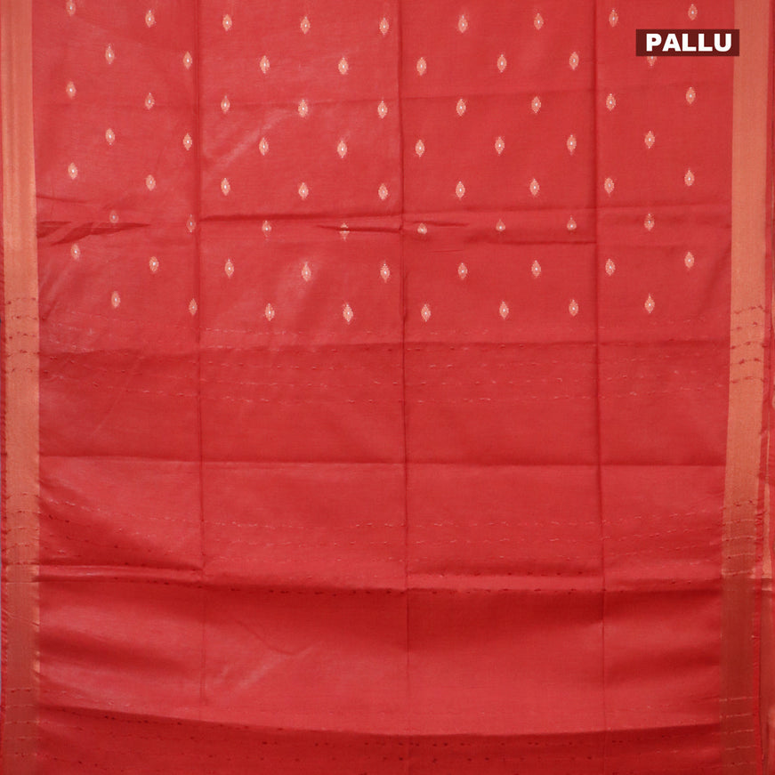 Semi tussar saree red and royal blue with allover copper zari woven buttas and copper zari woven border & kalamkari printed blouse