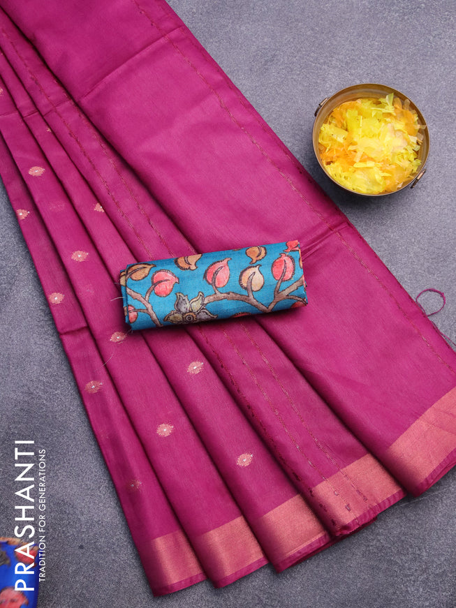 Semi tussar saree purple and cs blue with allover copper zari woven buttas and copper zari woven border & kalamkari printed blouse