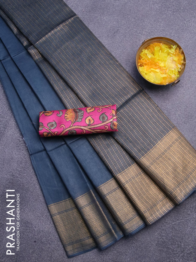Semi tussar saree greyish blue and magenta pink with plain body and zari woven border & kalamkari printed blouse