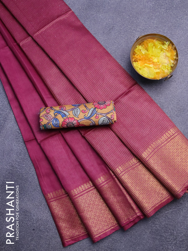 Semi tussar saree dark magenta and mustard yellow with plain body and zari woven border & kalamkari printed blouse