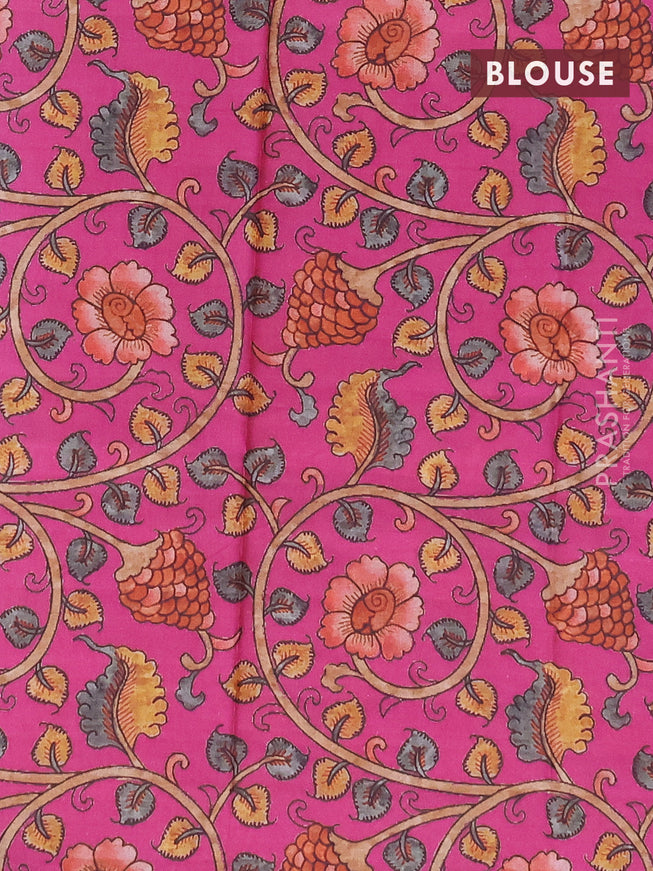 Semi tussar saree blue and magenta pink with plain body and zari woven border & kalamkari printed blouse