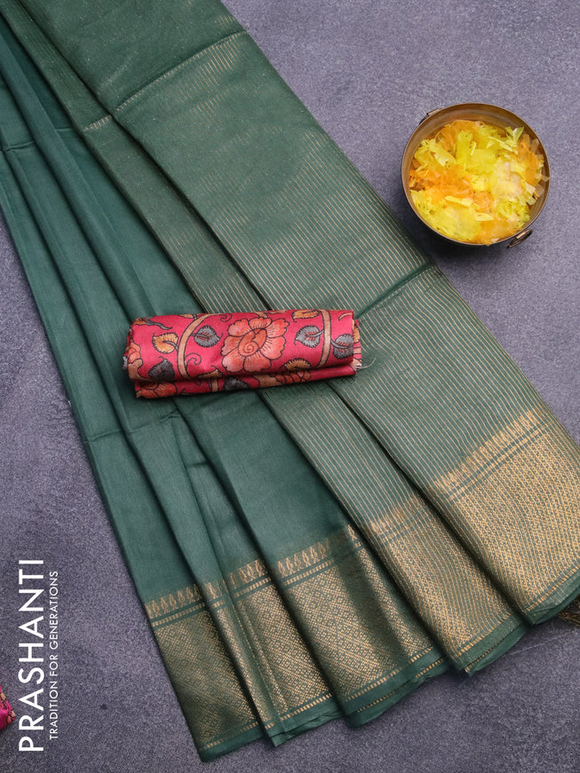 Semi tussar saree green and pink shade with plain body and zari woven border & kalamkari printed blouse