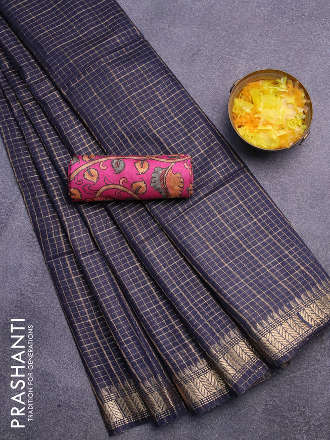 Semi tussar saree navy blue and magenta pink with alover zari checked pattern and zari woven border & kalamkari printed blouse