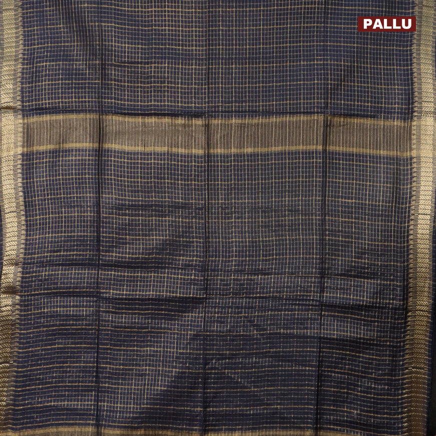 Semi tussar saree navy blue and magenta pink with alover zari checked pattern and zari woven border & kalamkari printed blouse