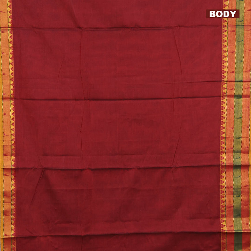 Narayanpet cotton saree maroon and mustard yellow with plain body and zari woven paithani style border