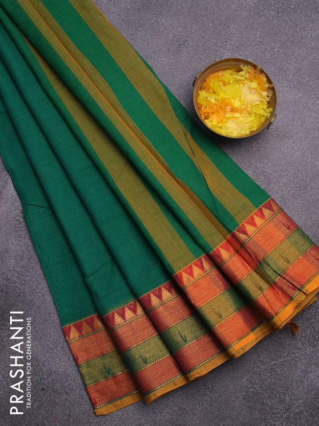 Narayanpet cotton saree green and maroon with plain body and zari woven paithani style border
