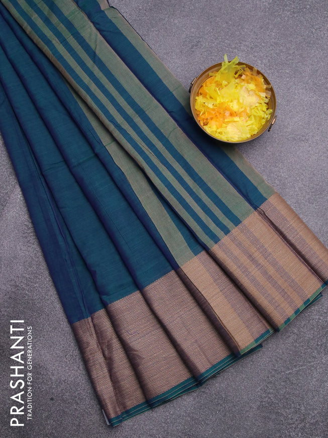 Narayanpet cotton saree dual shade of bluish green with plain body and thread woven border