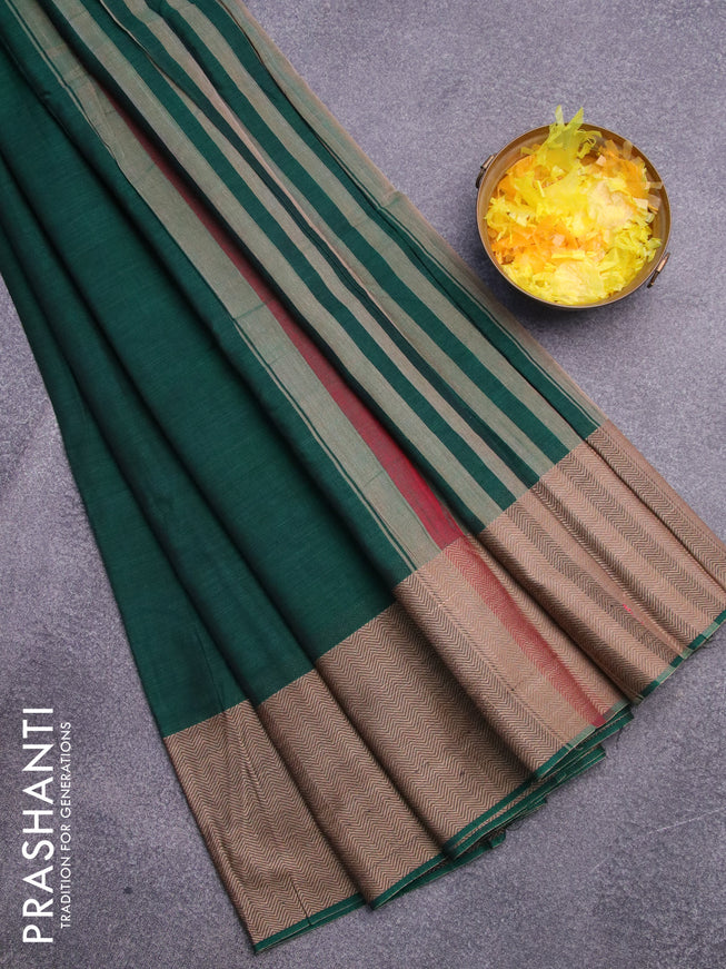 Narayanpet cotton saree dark green with plain body and thread woven border
