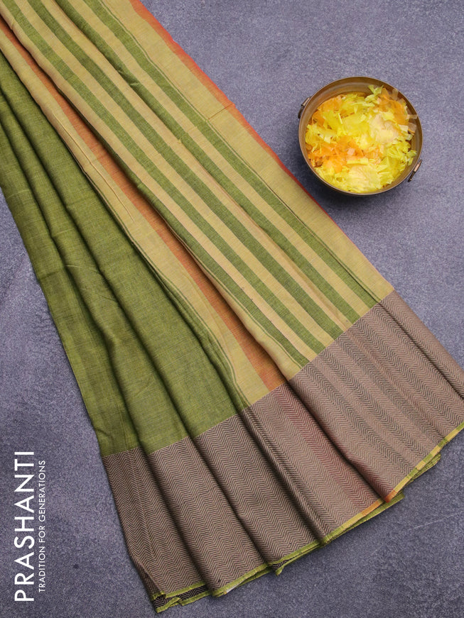 Narayanpet cotton saree light green with plain body and thread woven border