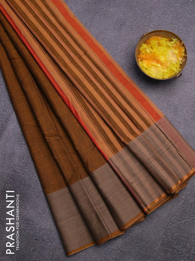 Narayanpet cotton saree dark mustard with plain body and thread woven border