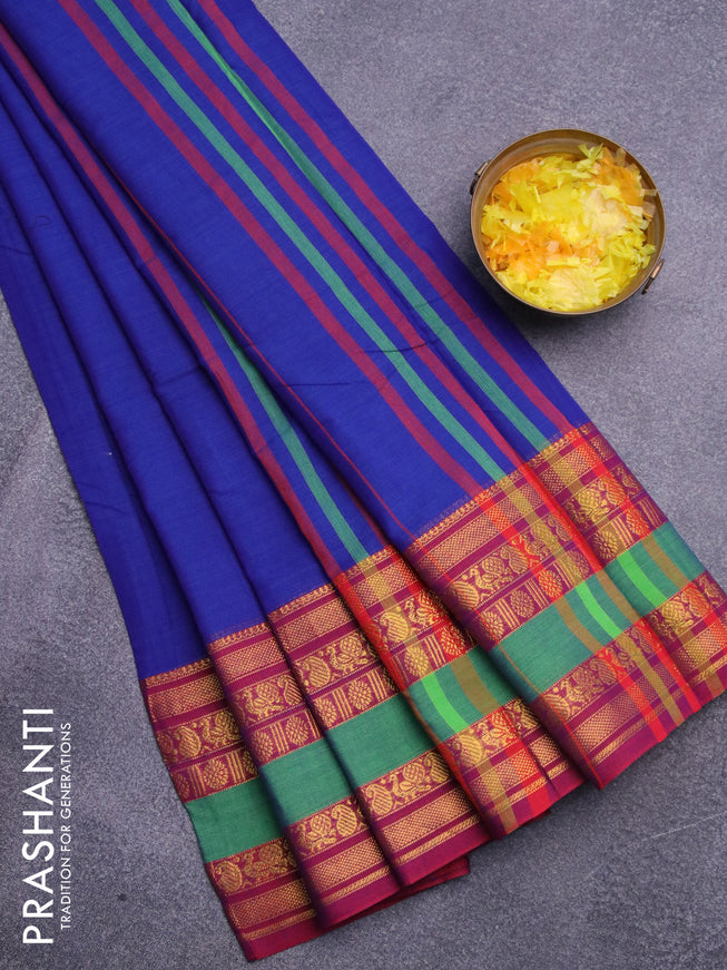 Narayanpet cotton saree blue and magenta pink with plain body and long rettapet zari woven border