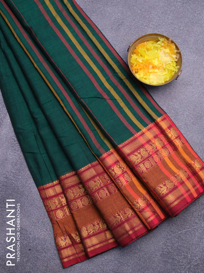 Narayanpet cotton saree green and maroon with plain body and long rettapet zari woven border