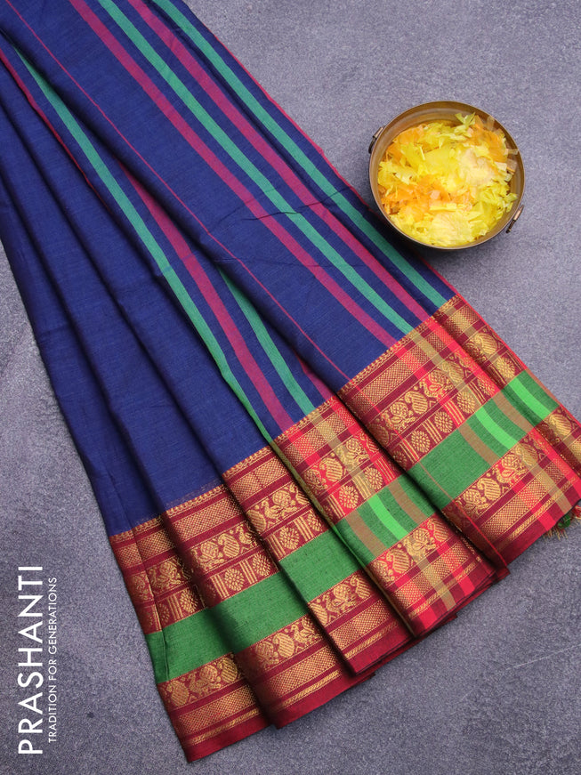 Narayanpet cotton saree blue and maroon with plain body and long rettapet zari woven border
