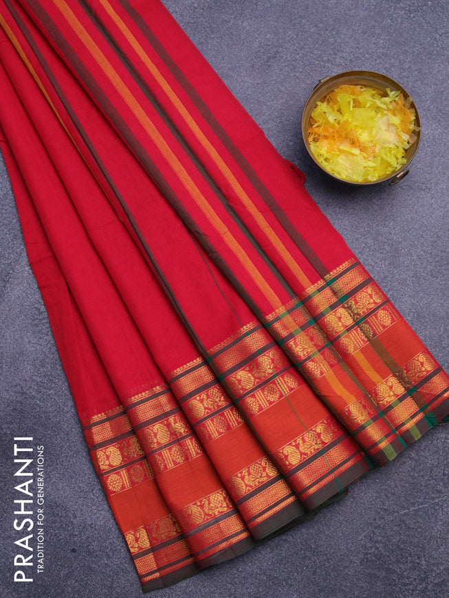 Narayanpet cotton saree red and green with plain body and long rettapet zari woven border