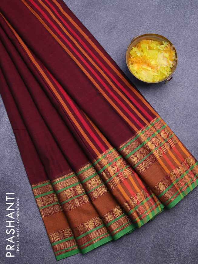 Narayanpet cotton saree maroon and green with plain body and long rettapet zari woven border