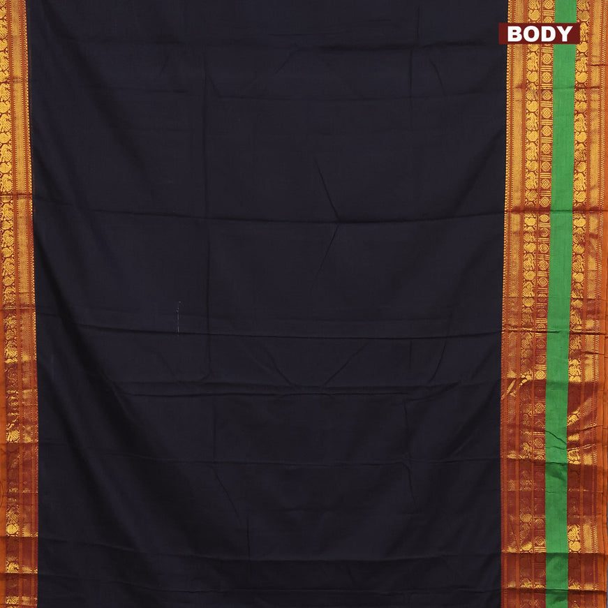 Narayanpet cotton saree black and rust shade with plain body and long rettapet zari woven border