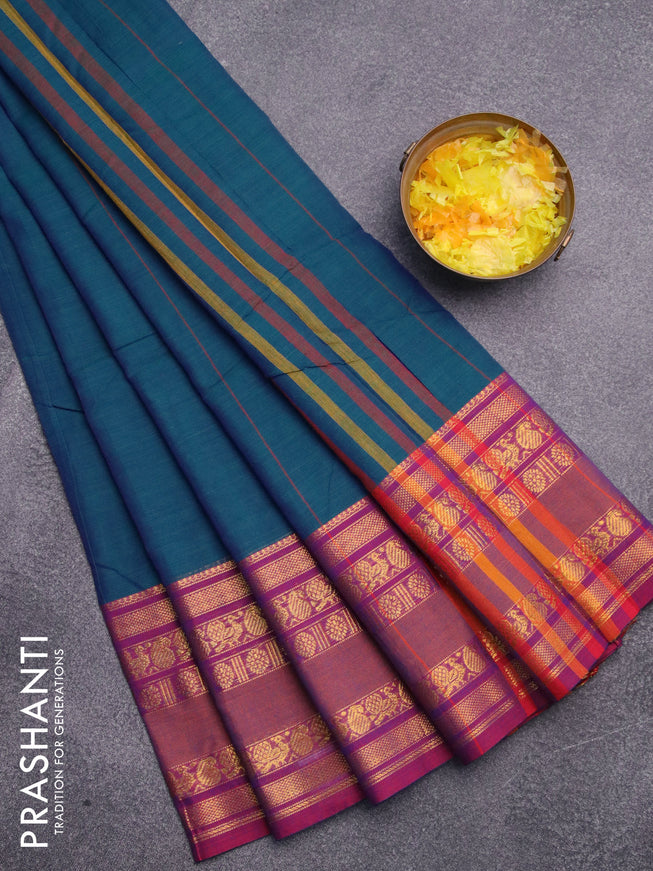 Narayanpet cotton saree dual shade of bluish green and dual shade of purple with plain body and long rettapet zari woven border