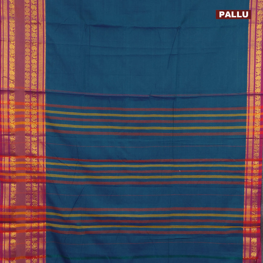 Narayanpet cotton saree dual shade of bluish green and dual shade of purple with plain body and long rettapet zari woven border