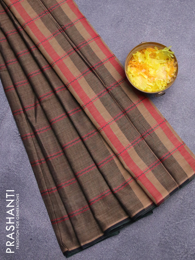 Narayanpet cotton saree chikku shade and black with allover thread weaves in borderless style