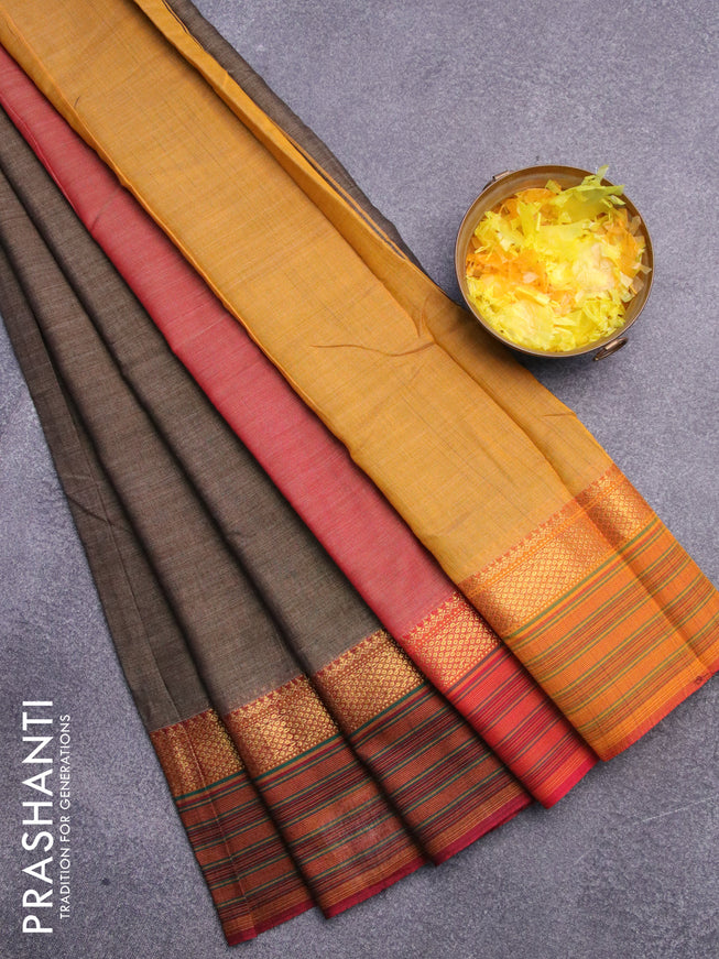 Narayanpet cotton saree chikku shade and maroon with plain body and zari woven simple border