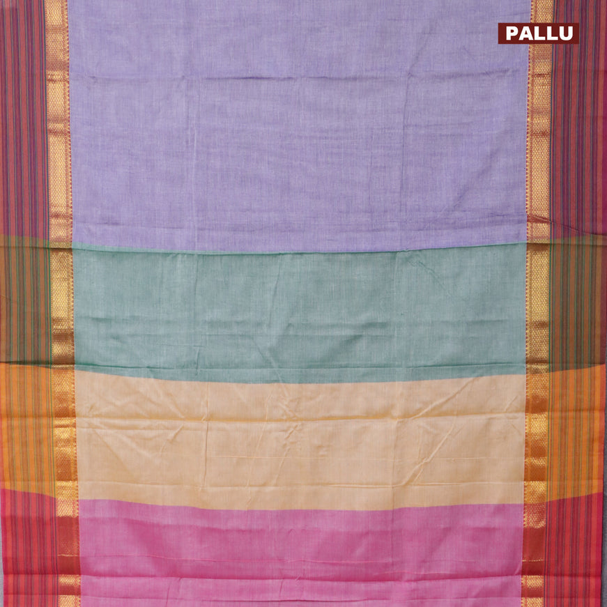 Narayanpet cotton saree lavender shade and maroon with plain body and zari woven simple border