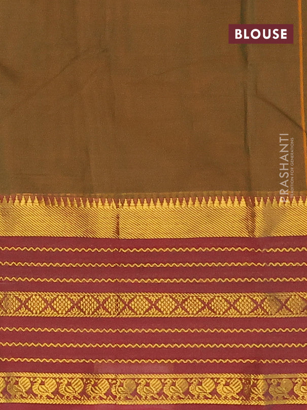 Narayanpet cotton saree dual shade of greenish mustard and maroon shade with plain body and long zari woven border