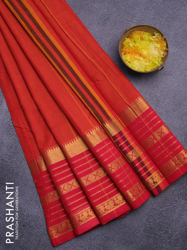 Narayanpet cotton saree sunset orange and red with plain body and long zari woven border