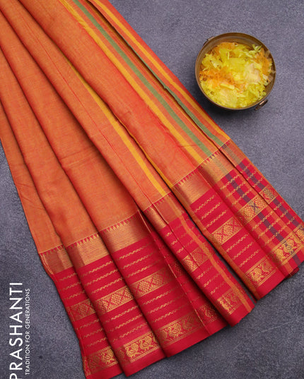 Narayanpet cotton saree dual shade of mango yellow and red with plain body and long zari woven border