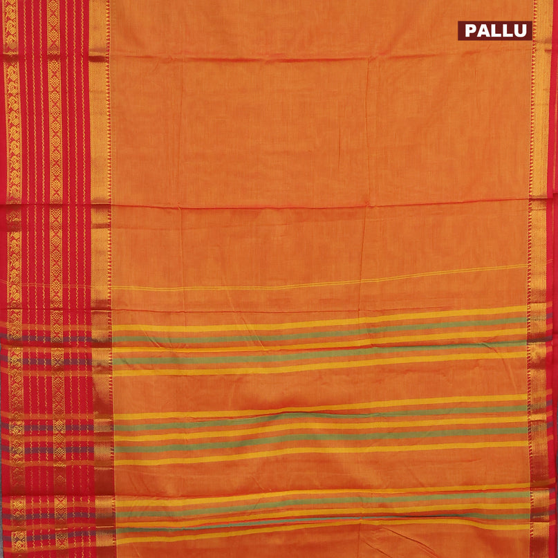 Narayanpet cotton saree dual shade of mango yellow and red with plain body and long zari woven border