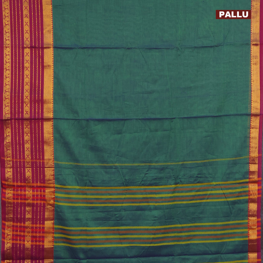 Narayanpet cotton saree dual shade of greenish blue and dual shade of magenta pink with plain body and long zari woven border