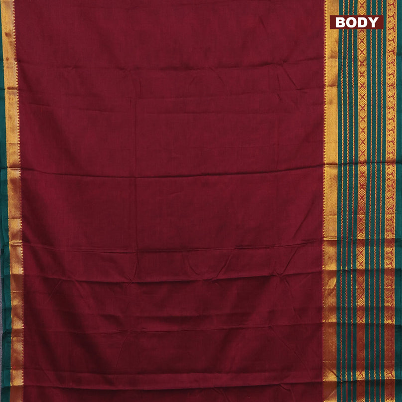 Narayanpet cotton saree dark magenta and green with plain body and long zari woven border