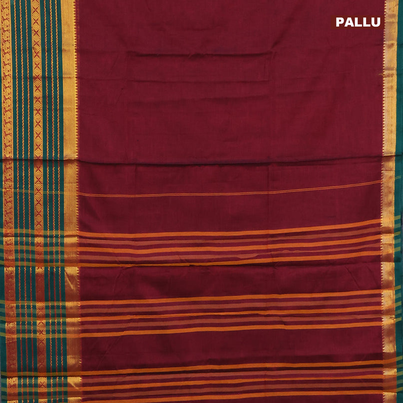 Narayanpet cotton saree dark magenta and green with plain body and long zari woven border