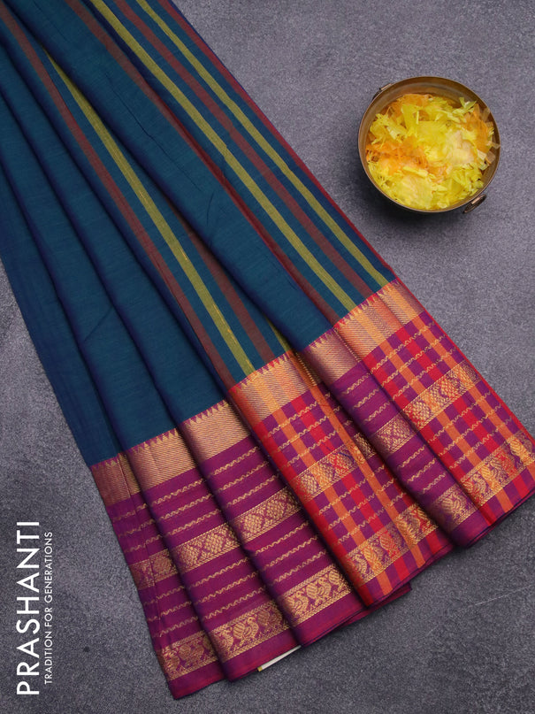 Narayanpet cotton saree dual shade of bluish green and purple with plain body and long zari woven border