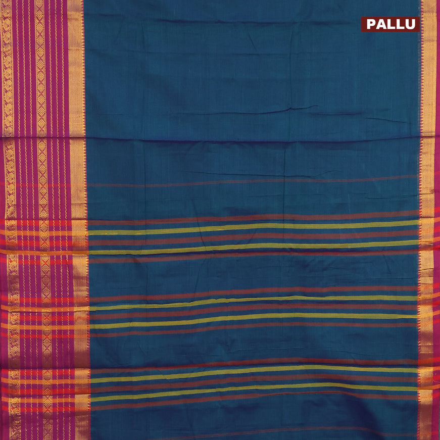 Narayanpet cotton saree dual shade of bluish green and purple with plain body and long zari woven border