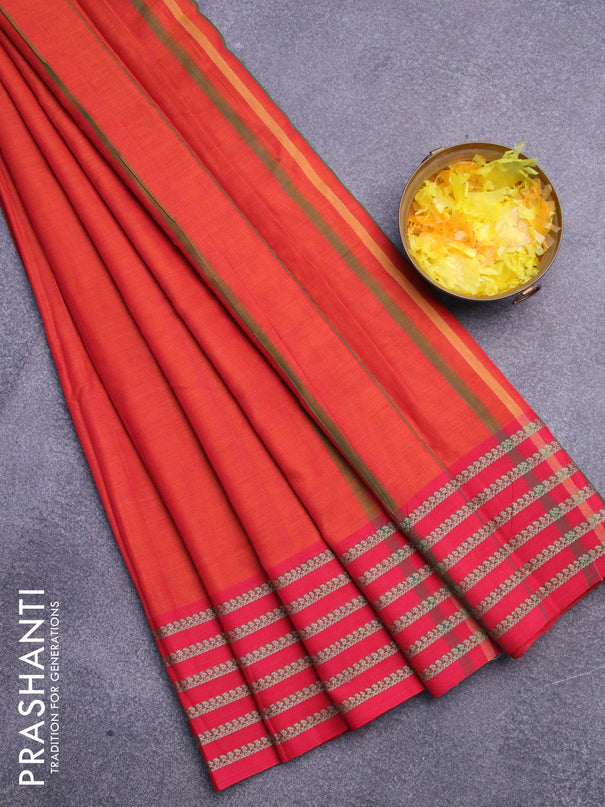 Narayanpet cotton saree dual shade of orange and red with plain body and thread woven border