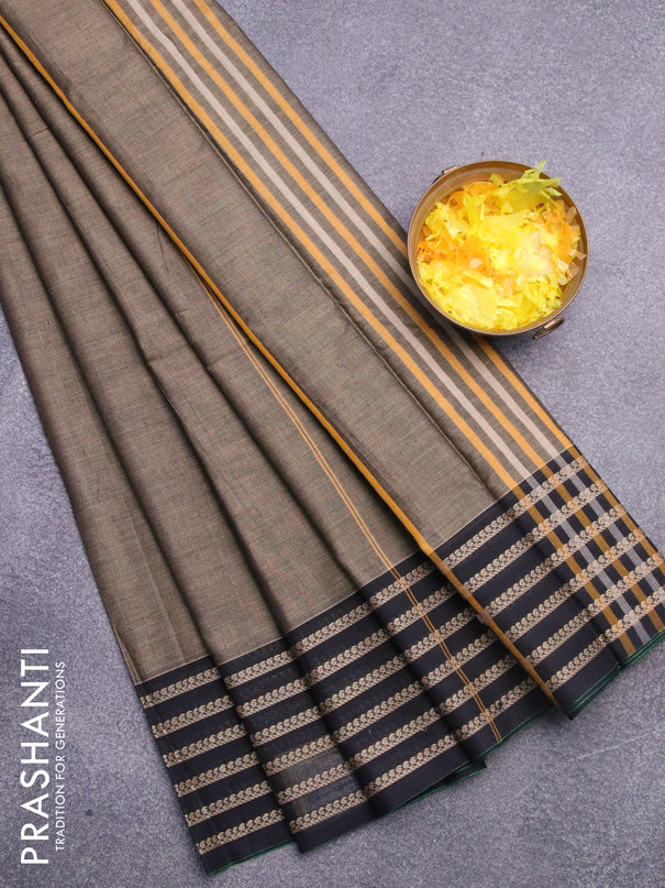 Narayanpet cotton saree chikku shade and black with plain body and thread woven border