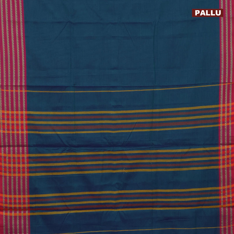 Narayanpet cotton saree dual shade of bluish green and dual shade of magenta pink with plain body and thread woven border