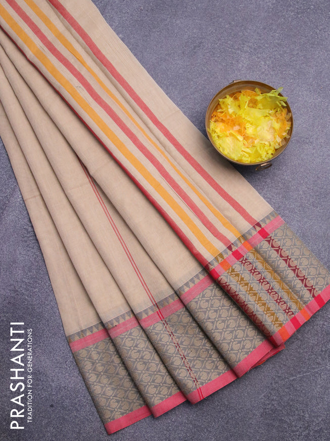Narayanpet cotton saree beige and red with plain body and thread woven border