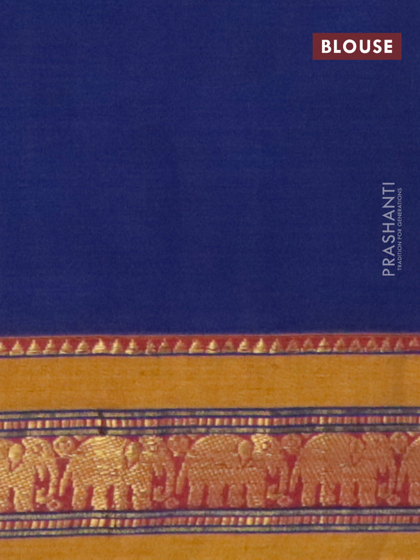 Narayanpet cotton saree blue and mustard yellow with plain body and elephant design zari woven border