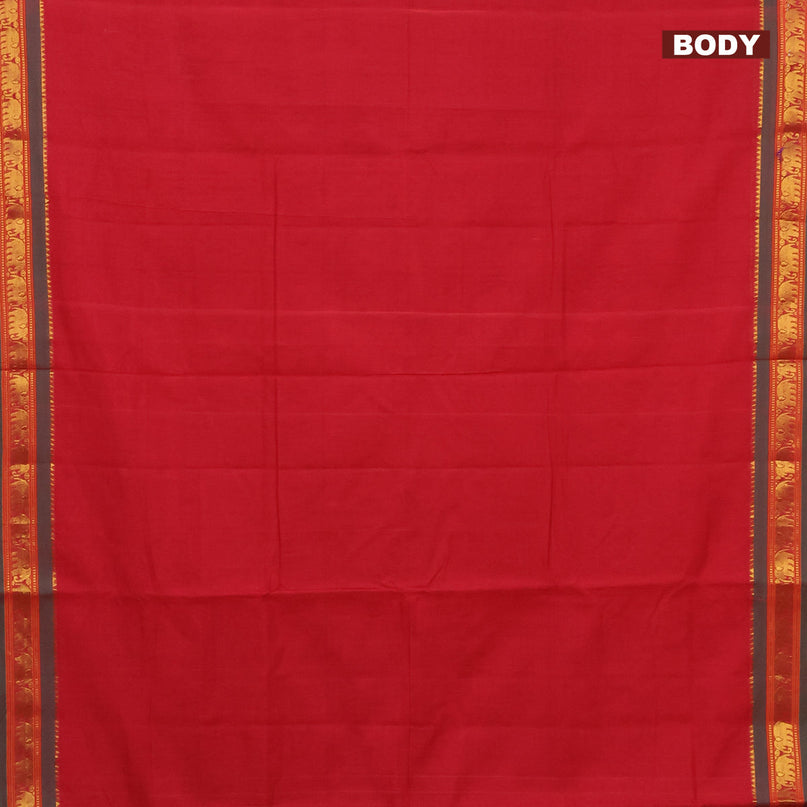 Narayanpet cotton saree red and green with plain body and elephant design zari woven border