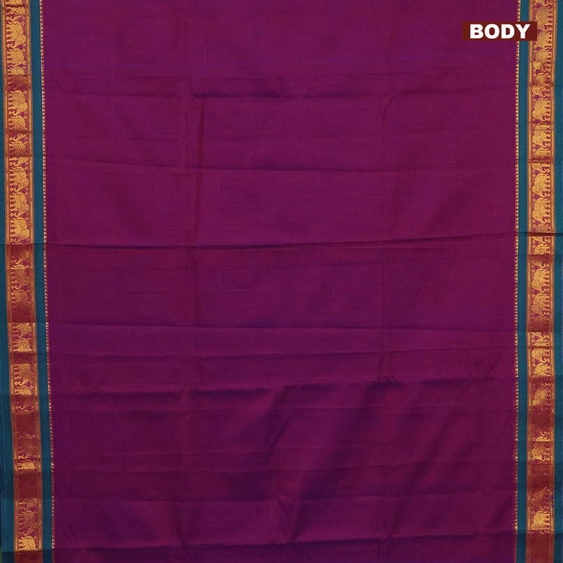 Narayanpet cotton saree purple and green with plain body and elephant design zari woven border
