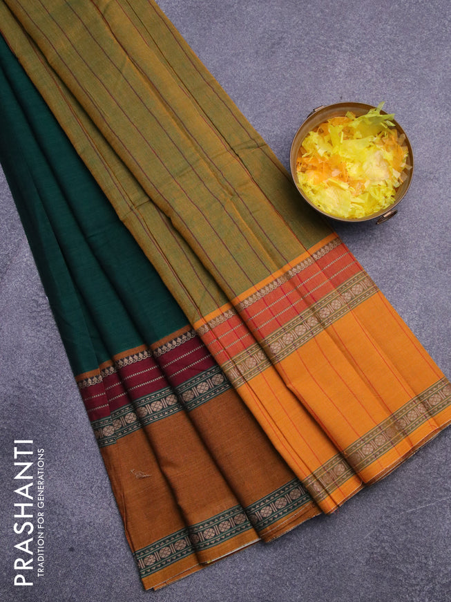 Narayanpet cotton saree green and mustard yellow with plain body and long rettapet thread woven border