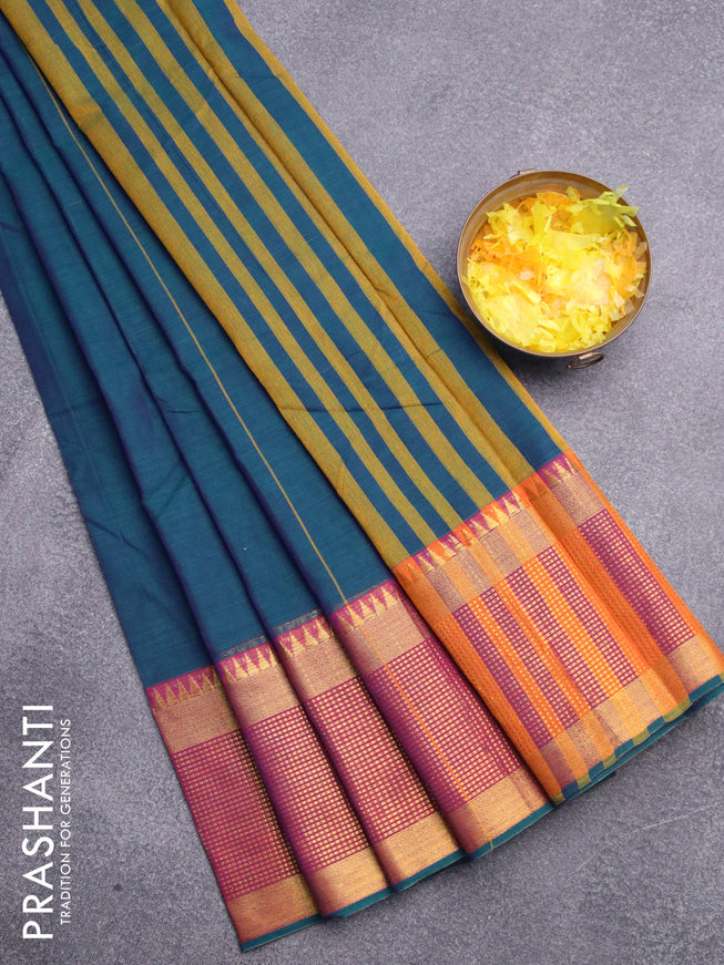 Narayanpet cotton saree dual shade of bluish green and purple with plain body and zari woven border