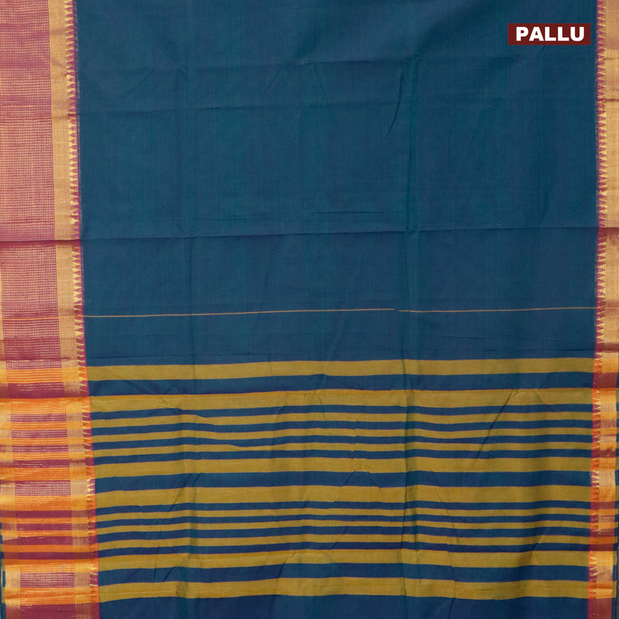 Narayanpet cotton saree dual shade of bluish green and purple with plain body and zari woven border